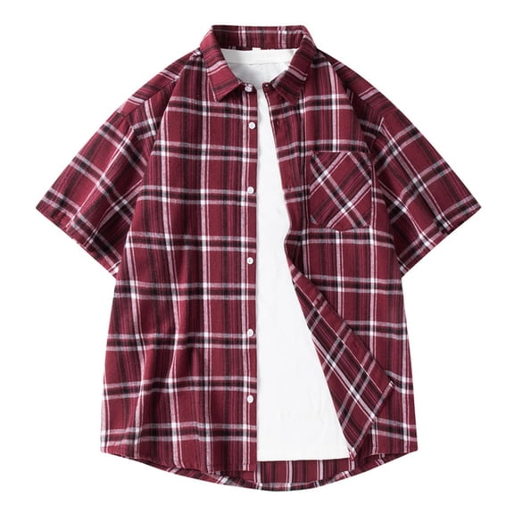 Under 10 dollars! Light Mature Leisure Checkered Versatile Lapel Men's Short Sleeved Shirt Casual Loose Breathable Top for Teenagers