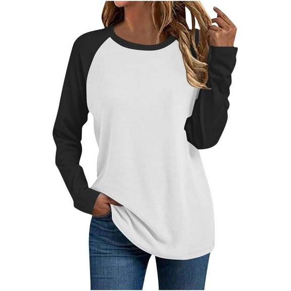 Under 10 dollars! Long Sleeve Shirts for Women Color Block Raglan Tops Casual Crewneck Basic Tees Spring Fall Fashion Clothes