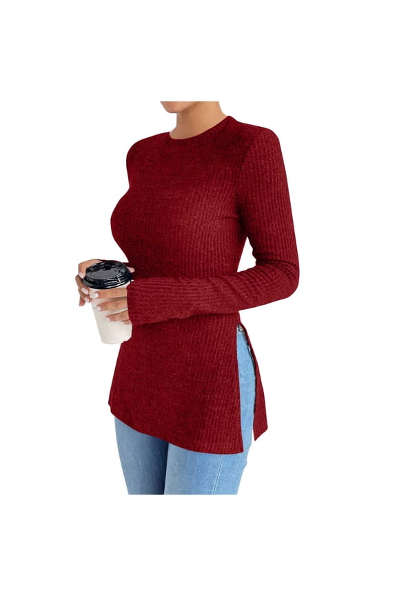 Under 10 dollars! Long Sleeve Side Slit Shirts for Women Round Neck Ribbed Knit Fall Basic Tshirts Going Out Tops Casual Trendy Clothes