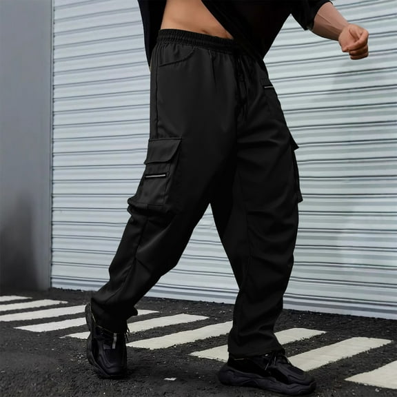 Under 10 dollars! Men's Casual Cargo Pants Elastic Waist Drawstring Sweatpants Tapered Joggers Athletic Track Pant with Multi Pockets