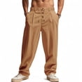 thumbnail image 1 of Under 10 dollars! Men's Casual Linen Pants Buttons Elastic Waist Drawstring Lightweight Wide Leg Breathable Beach Summer Linen Pants, 1 of 9