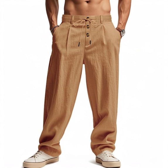 Under 10 dollars! Men's Casual Linen Pants Buttons Elastic Waist Drawstring Lightweight Wide Leg Breathable Beach Summer Linen Pants