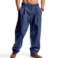 thumbnail image 1 of Under 10 dollars! Men's Casual Linen Pants Buttons Elastic Waist Drawstring Lightweight Wide Leg Breathable Beach Summer Linen Pants, 1 of 7