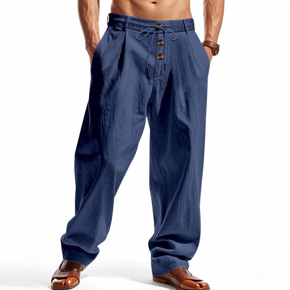Under 10 dollars! Men's Casual Linen Pants Buttons Elastic Waist Drawstring Lightweight Wide Leg Breathable Beach Summer Linen Pants