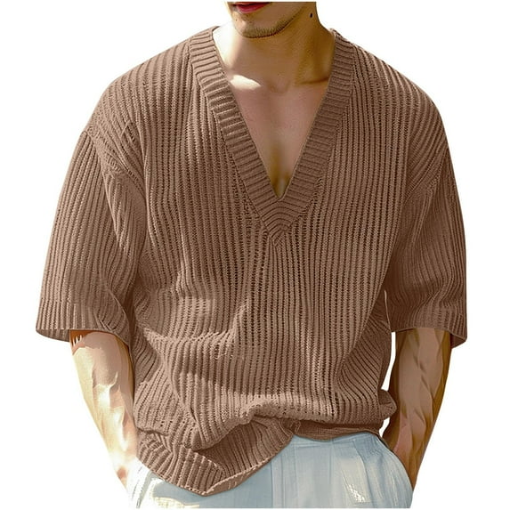 Under 10 dollars! Men's Ribbed Knit Casual T-Shirt Loose V Neck Short Sleeve Workout Casual Pullover Outerwear Tops