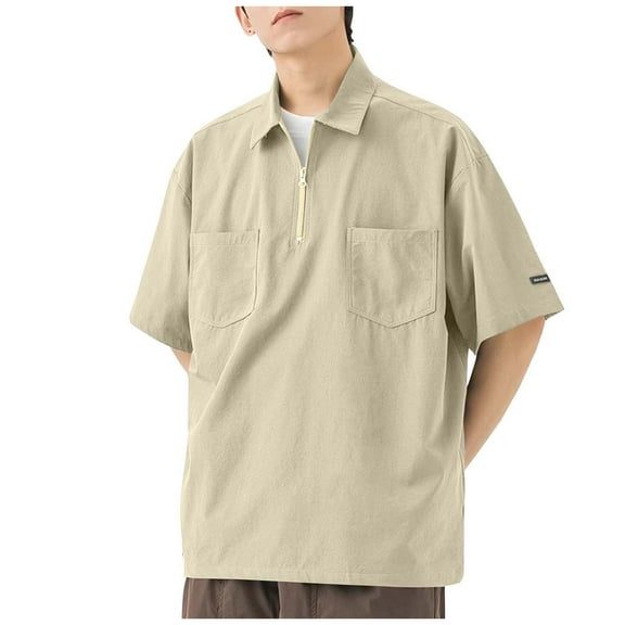 Under 10 dollars! Men's Summer Casual Quarter Zip Short-Sleeved T-Shirt Solid Color Lightweight Loose Short Sleeve Shirt