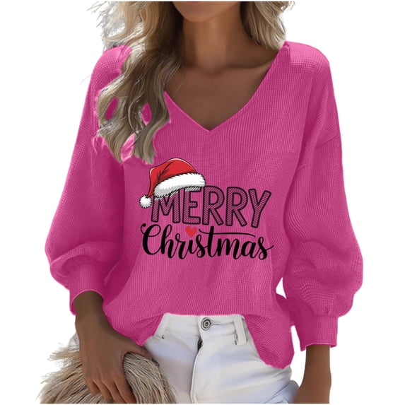Under 10 dollars! Merry Christmas Shirts Women Funny Letter Graphic Long Sleeve Pullover Xmas V Neck Blouse Holiday Plus Size Tops