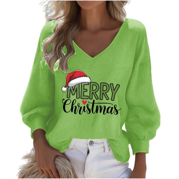 Under 10 dollars! Merry Christmas Shirts Women Funny Letter Graphic Long Sleeve Pullover Xmas V Neck Blouse Holiday Plus Size Tops