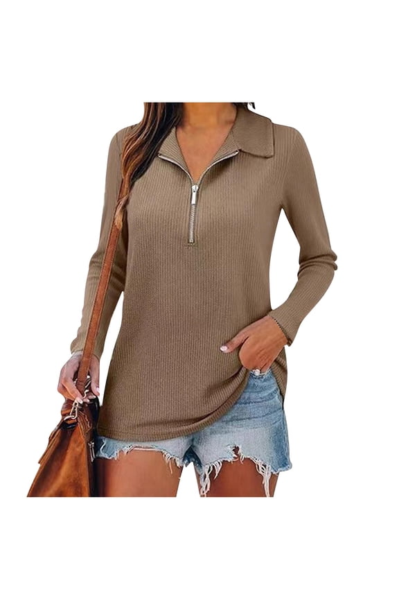 Under 10 dollars! Quarter Zip Pullover Women Lapel V Neck Knit Sweaters Trendy Ribbed Half Zip Pullover Sweaters Collared Tunic Sweater