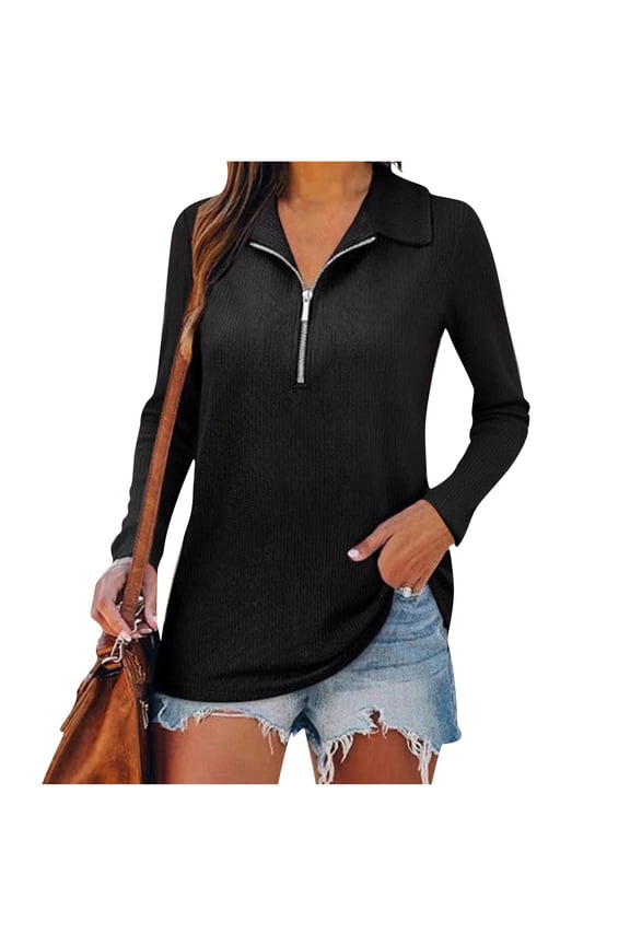 Under 10 dollars! Quarter Zip Pullover Women Lapel V Neck Knit Sweaters Trendy Ribbed Half Zip Pullover Sweaters Collared Tunic Sweater