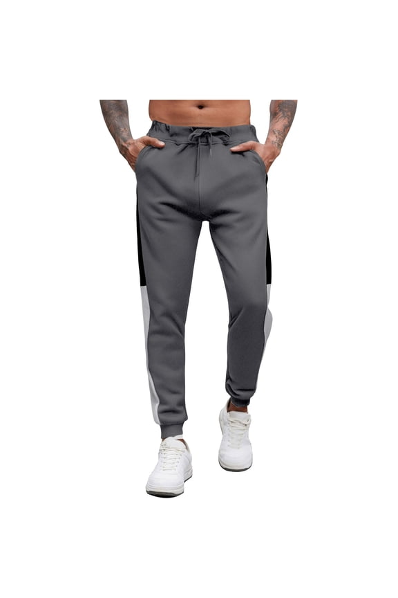 Under 10 dollars! Stacked Sweatpants Men Trendy Color Block Gym Pants with Pocket Running Joggers Elastic Drawstring Athletic Trouser