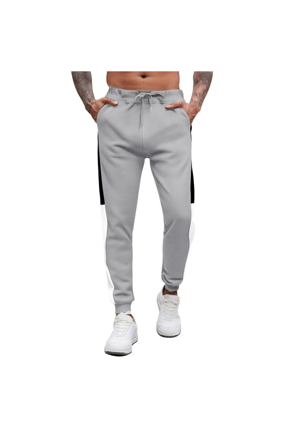 Under 10 dollars! Stacked Sweatpants Men Trendy Color Block Gym Pants with Pocket Running Joggers Elastic Drawstring Athletic Trouser