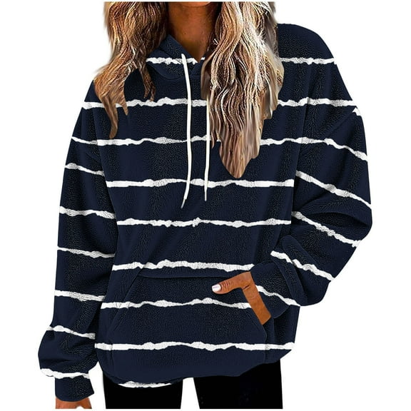 Under 10 dollars! Striped Hoodies for Women Fuzzy Fleece Sweatshirts Trendy Casual Long Sleeve Pullover Fall Winter Fashion Clothes