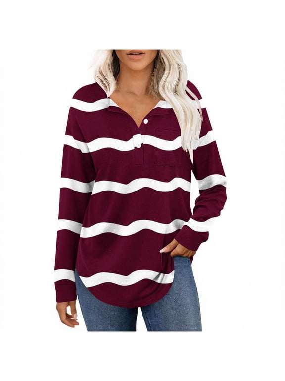 Under 10 dollars! Women 2025 Fall Long Sleeve Tops Trendy Wave Striped Longline Hem Loose Henley T-Shirt Going Out Casual Tunic Blouse