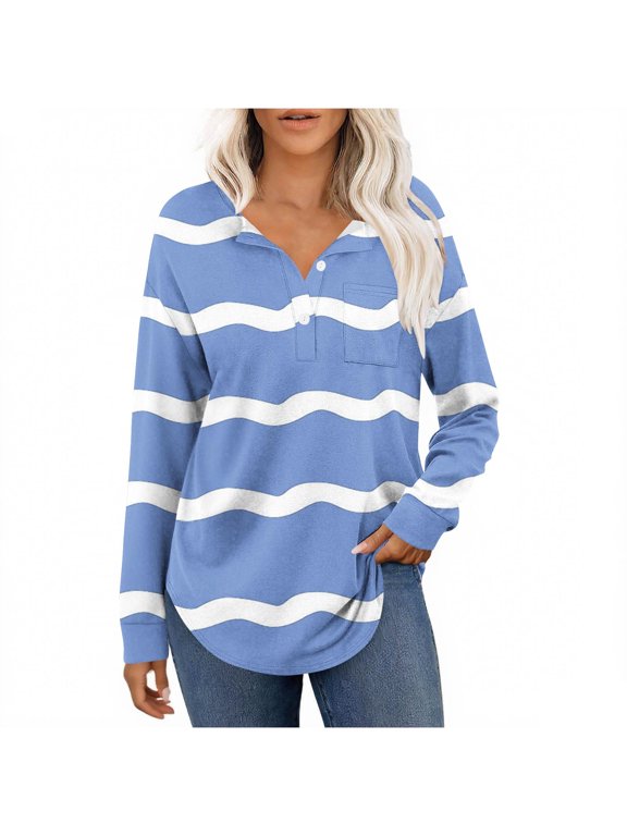 Under 10 dollars! Women 2025 Fall Long Sleeve Tops Trendy Wave Striped Longline Hem Loose Henley T-Shirt Going Out Casual Tunic Blouse