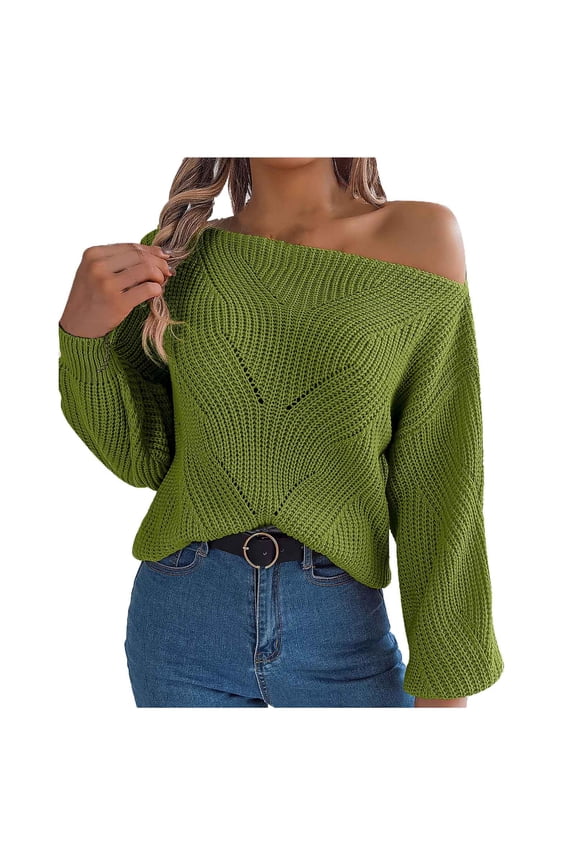 Under 10 dollars! Women's Fall Off Shoulder Sweaters Long Sleeve Ribbed Knit Fitted Pullover Tops Blouse