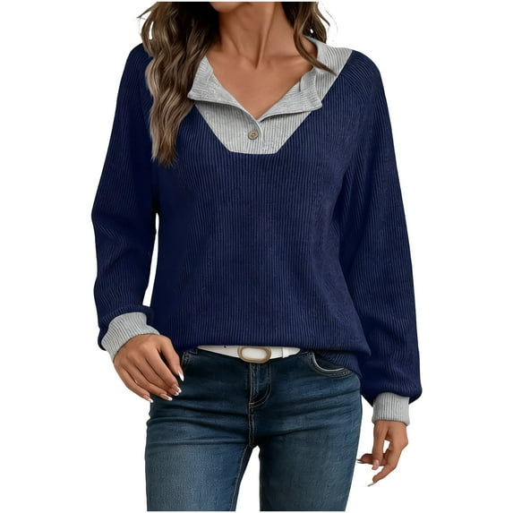 Under 10 dollars! Women's Long Sleeve Henley Tops Ribbed Knit Casual Loose Patchwork Lightweight Sweaters Trendy Fall Shirts