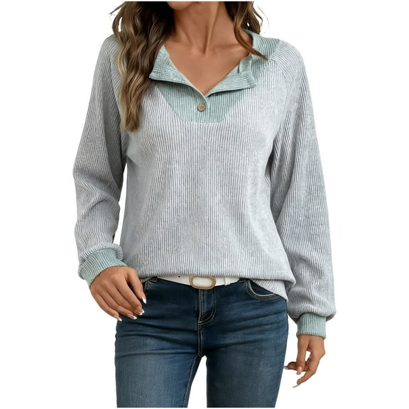 Under 10 dollars! Women's Long Sleeve Henley Tops Ribbed Knit Casual Loose Patchwork Lightweight Sweaters Trendy Fall Shirts