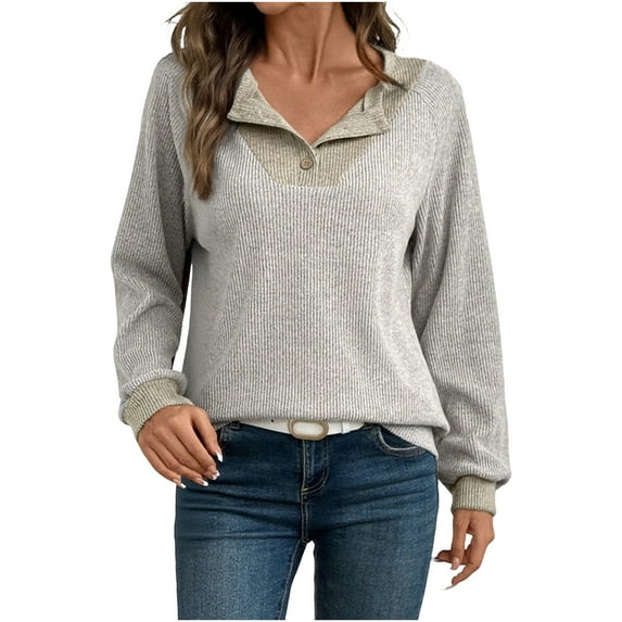 Under 10 dollars! Women's Long Sleeve Henley Tops Ribbed Knit Casual Loose Patchwork Lightweight Sweaters Trendy Fall Shirts