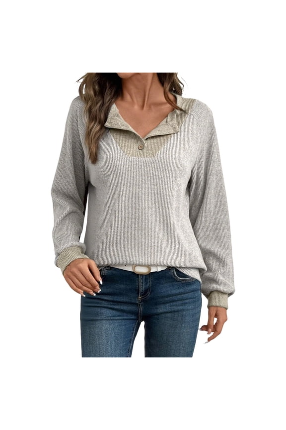 Under 10 dollars! Women's Long Sleeve Henley Tops Ribbed Knit Casual Loose Patchwork Lightweight Sweaters Trendy Fall Shirts
