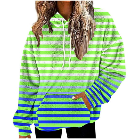 Under 10 dollars! Womens Hoodies Fall Fashion Retro Sweatshirts Long Sleeve Striped Pullover with Kangaroo Pockets
