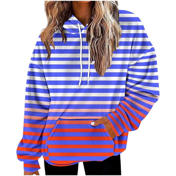 Under 10 dollars! Womens Hoodies Fall Fashion Retro Sweatshirts Long Sleeve Striped Pullover with Kangaroo Pockets