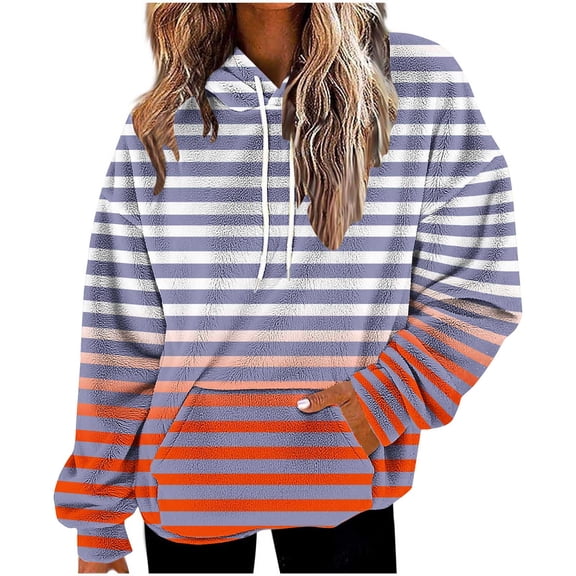 Under 10 dollars! Womens Hoodies Fall Fashion Retro Sweatshirts Long Sleeve Striped Pullover with Kangaroo Pockets