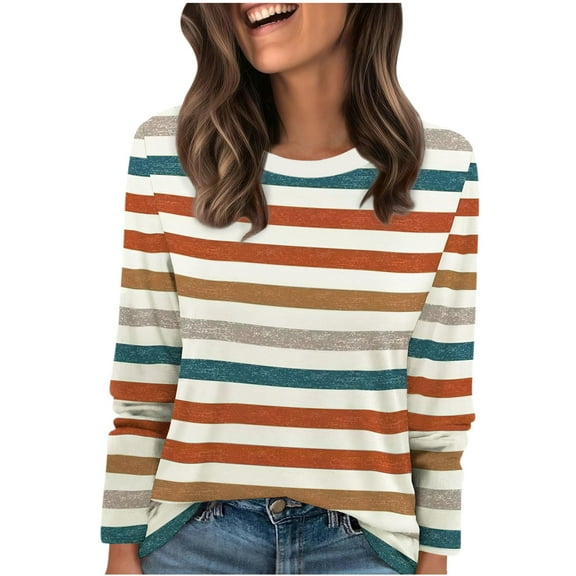 Under 10 dollars! Womens Striped Long Sleeve Shirts Fall Outfits 2025 Color Block Tops Fashion Clothing Ribbed Crewneck Tee Blouses
