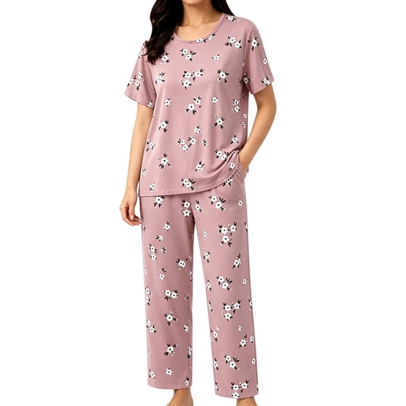 Under $15 Pajamas Set CNJKEHIUV Women's Cotton Pajama Set Short Sleeve Top & Pants 2-Piece Summer Sleepwear