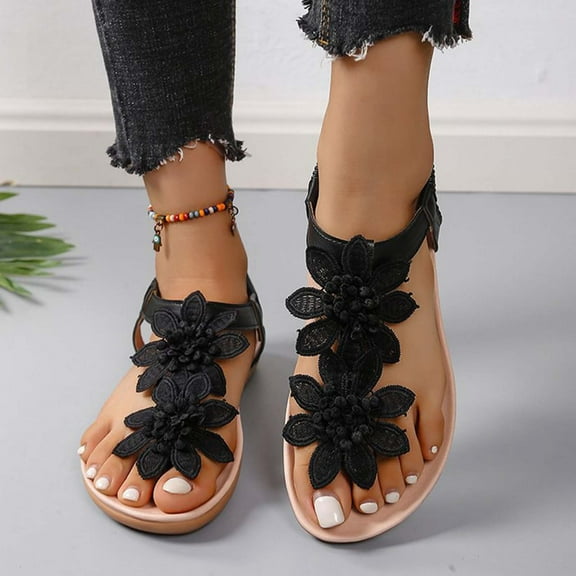 Under $15 Sandals Women, Xunlbb Women's Fashion Casual Flower Clip-Toe Spring And Summer New Breathable Flat Sandals(Black,37)