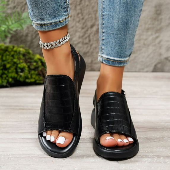 Under $15 Sandals Women, Xunlbb Women's Fashion Casual Summer New Solid Color Fish Mouth Open Toe Buckle Wedge Heel Thick Bottom Sandals(Black,36)