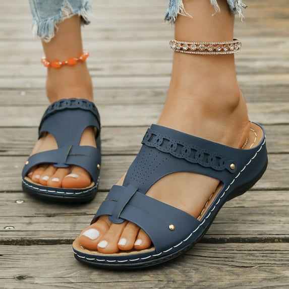 Under $15 Sandals Women, Xunlbb Women's Fashion Casual Summer New Solid Color Roman Casual Bow Shoes Wedge Heel Slippers(Blue,Size:37)