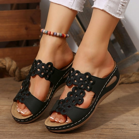 Under $15 Sandals Women, Xunlbb Women's Fashion Casual Summer New Style Solid Color Hollow Strap Roman Thick Bottom Wedge Heels(Black,Size:36)