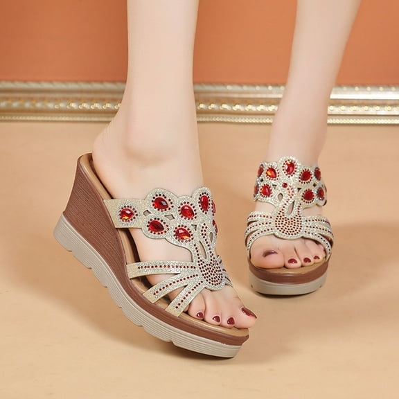 Under $15 Sandals Women, Xunlbb Women's Summer New Fashion Thick Bottom Rhinestone Slippers Comfortable Hollow Fish Mouth Wedge Sandals(Red,42)