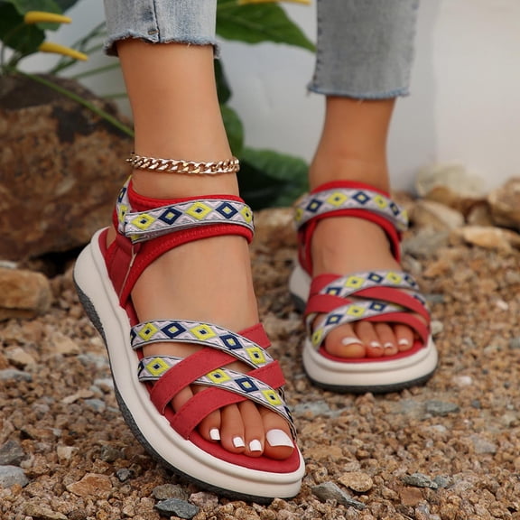 Under $15 Sandals Women, Xunlbb Women's Summer New Plus-size Ethnic Style Casual Fashion Wedge Sandals(Red,Size:36)