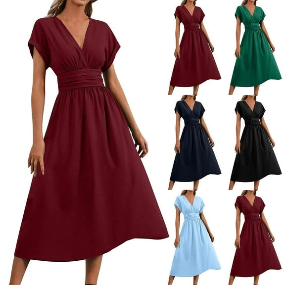 Under $15 Steals!Summer Fashion Plus Size Dresses for Women 2025 Elegant Classy Round Neck Casual Solid Color Pocket Short-sleeved Knee-length