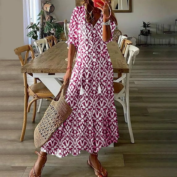 Under $20 Dress for Women Clearance, Fashionable Women's Casual Spring/summer V-neck Short Sleeved Printed Dress(Hot Pink,XL)