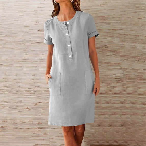 Under $20 Dress for Women Clearance, Women Fashion Round-Neck Pockets Button Dress Solid Short Sleeve Dress(Gray,XL)