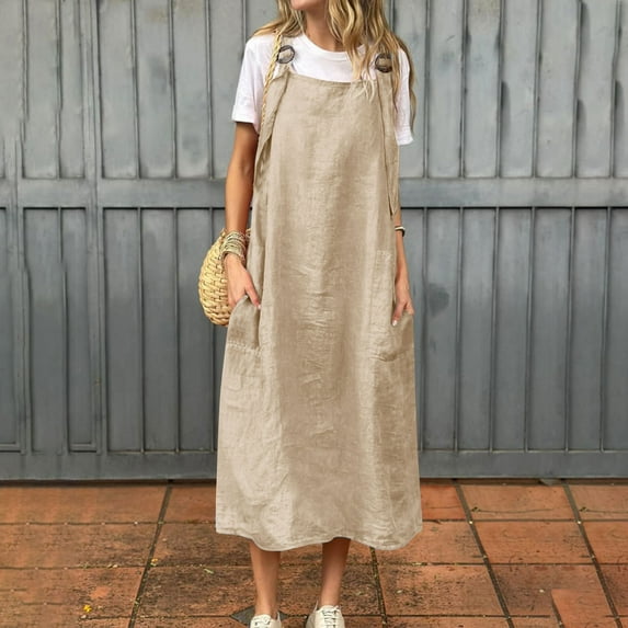 Under $20 Dress for Women, Women's Fashion Holiday Summer Solid Color Sleeveless Hollowed Out Party Midi Beach Dress(Khaki,L)