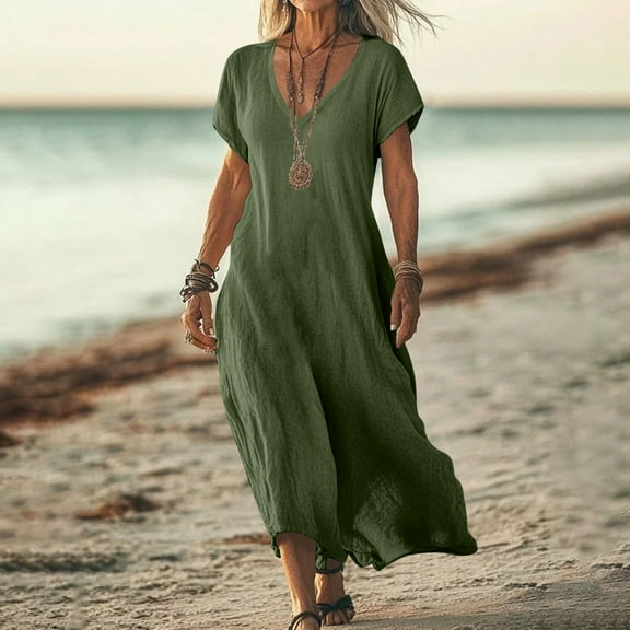 Under $20 Dress for Women, Women's Solid Color Linen Short Sleeved V-neck Dress Skirt(Olive Green,XL)