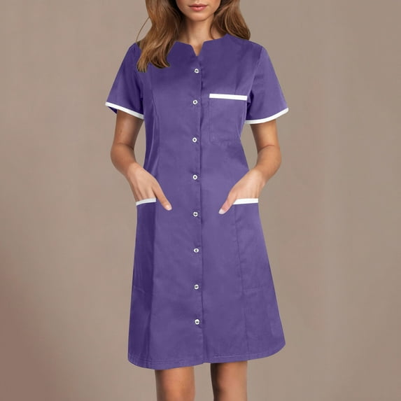 Under $20 Dress for Women Clearance, Women's Solid Color With Pockets Button Splicing Lapel Caregiver Dress Nurse Dress Work Midi Dress(Purple,M)