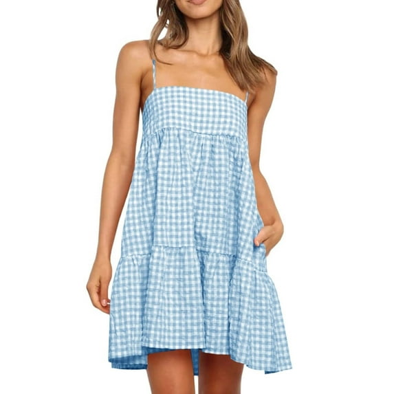 Under $20 Dress for Women Clearance, Womens Plaid A-line Dresses Shoulder Straps Ruffle Hem Casual Mini Dress With Side Pocket(Light Blue,S)