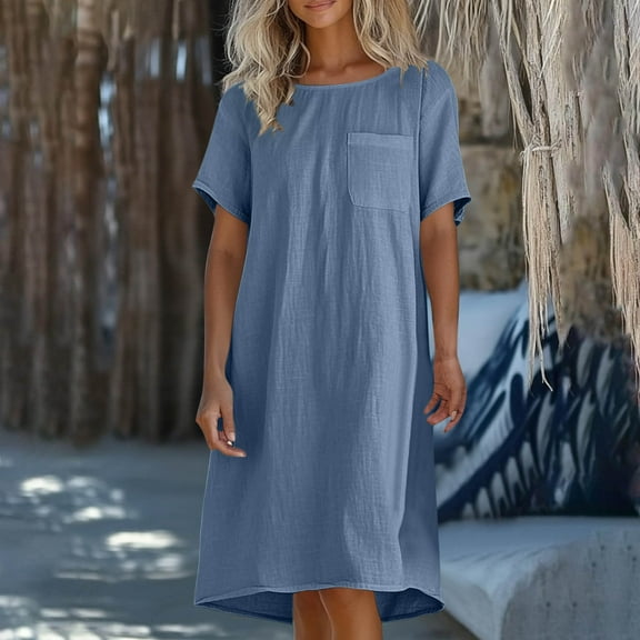 Under $20 Summer Dresses Plus Size, Fashion Women's Summer Casual Round Neck Short Sleeve Solid Beach Sundresses Pockets Dress(Navy,L)