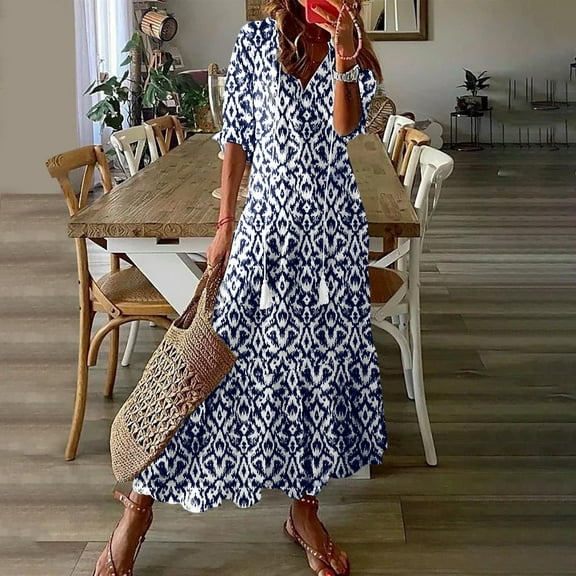 Under $20 Summer Dresses Plus Size, Fashionable Women's Casual Spring/summer V-neck Short Sleeved Printed Dress(Navy,L)