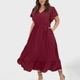 thumbnail image 1 of Under $20 Summer Dresses Plus Size, Plus Size Women Fashion Summer Spring Casual V-Neck Solid Color Pocket Short Sleeve Dress(Red,L), 1 of 9