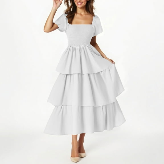 Under $20 Summer Dresses Plus Size, Women's Fashion Temperament Solid Color Short Sleeve Square Neck Cake Dress(White,XL)