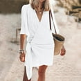 thumbnail image 1 of Under $20 Summer Dresses Plus Size, Women's Solid Color Spring/summer Short Sleeved V-neck Easy Breezy Linen Knotted Wrap Mini Dress(White,XL), 1 of 9