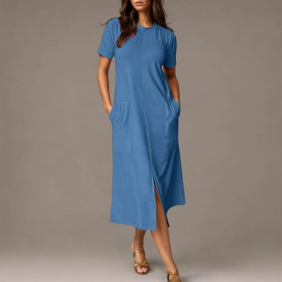 Under $20 Summer Dresses Plus Size, Women's Summer Casual Dress Gradual Sleeveless Neck V-Neck Long Dress(Blue,XL)