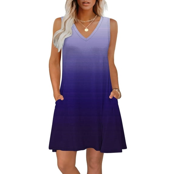 Under $20 Summer Dresses Plus Size, Women's Summer Fashion Printing Pocket Sleeveless V-Neck Dress(Purple,XL)