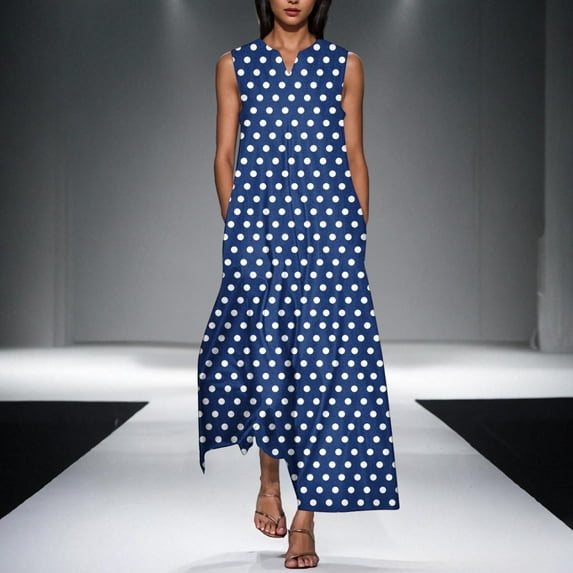 Under $20 Summer Dresses Plus Size, Women's Summer Sexy Fashion Printing Sleeveless V-Neck Dress(Blue,XL)